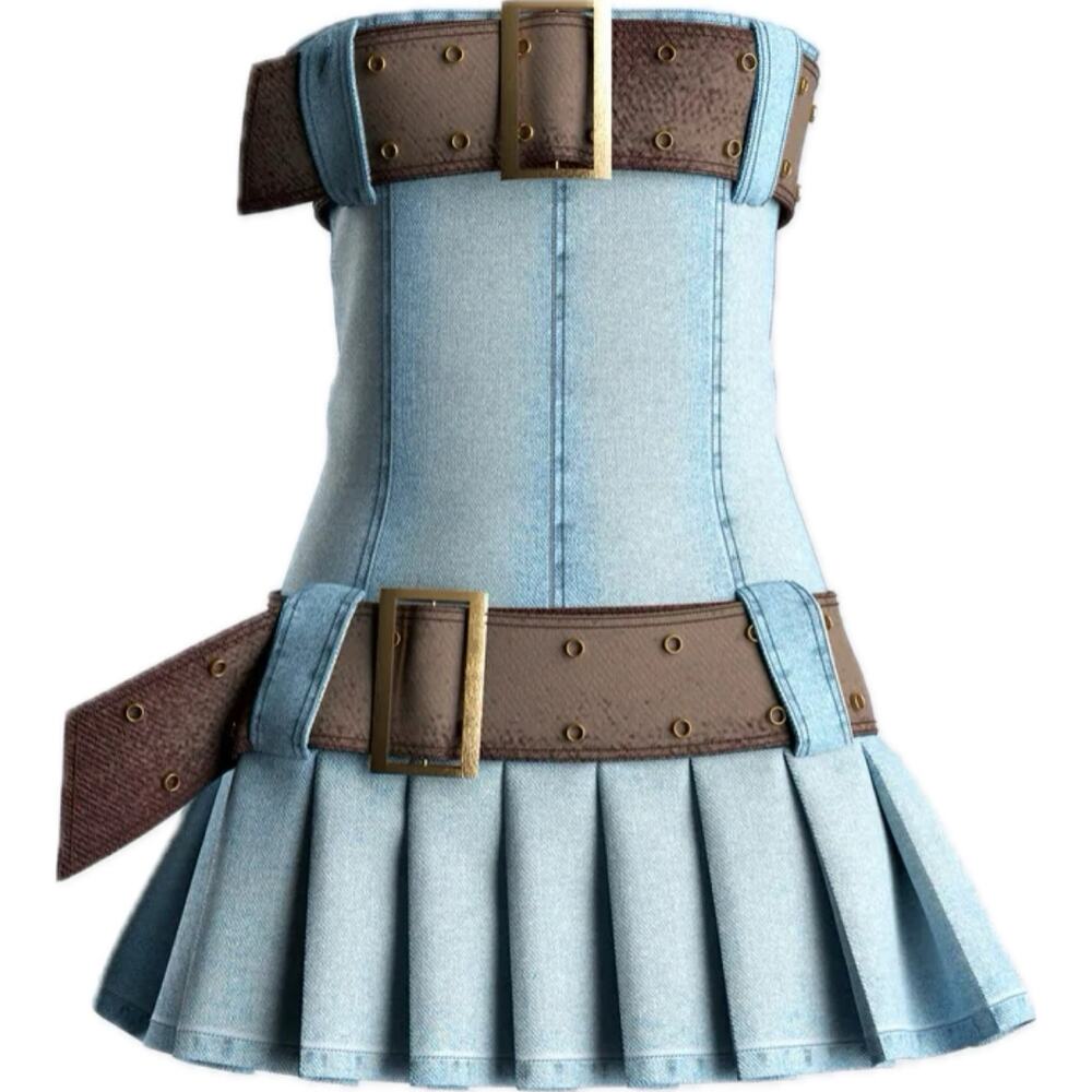 FINESSE Strapless Denim Pleated Mini Dress Double Belt Buckle Light Wash 1X